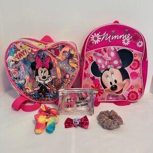 Disney Minnie Mouse Backpacks/ Toiletry Bag/ Hair Accessory 6 Piece Bundle